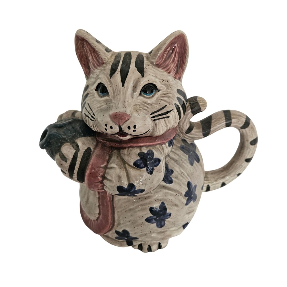 Vintage Whimsical Ceramic Cat Teapot Blue Floral Hand Painted Fish Artist Signed